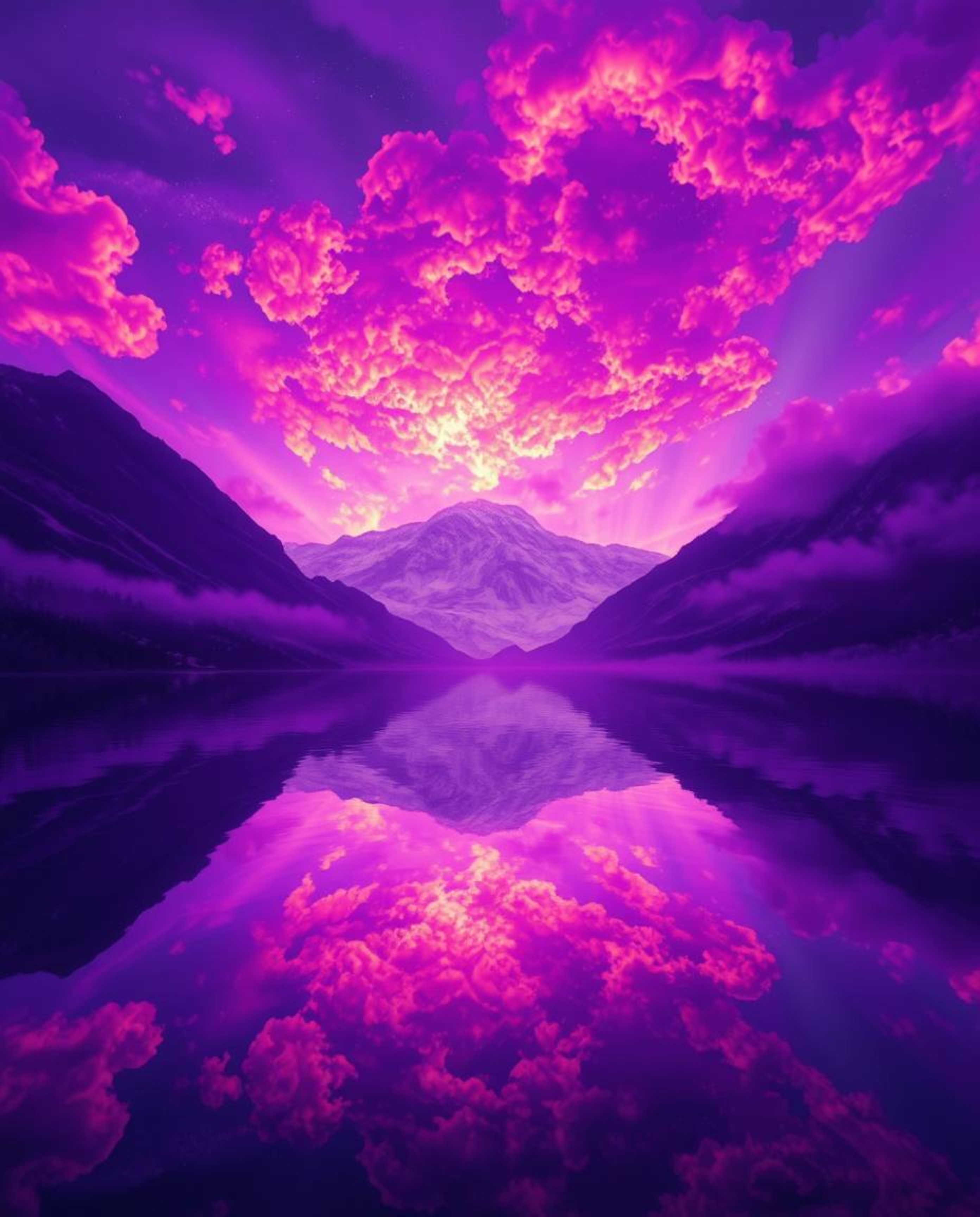 An ethereal digital painting captures the mesmerizing reflections of fiery clouds in a mountain lake. The scene is bathed in 