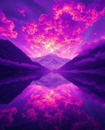 An ethereal digital painting captures the mesmerizing reflections of fiery clouds in a mountain lake. The scene is bathed in 