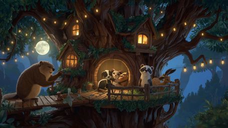 A meticulously crafted, high-resolution stock photo depicts a beaver diligently building a whimsical, intricately designed tr