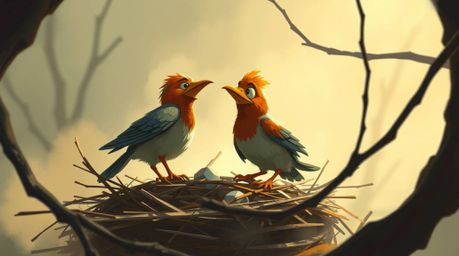 A captivating digital sketch depicts two cartoon birds diligently constructing a nest, rendered in a classic animation style 