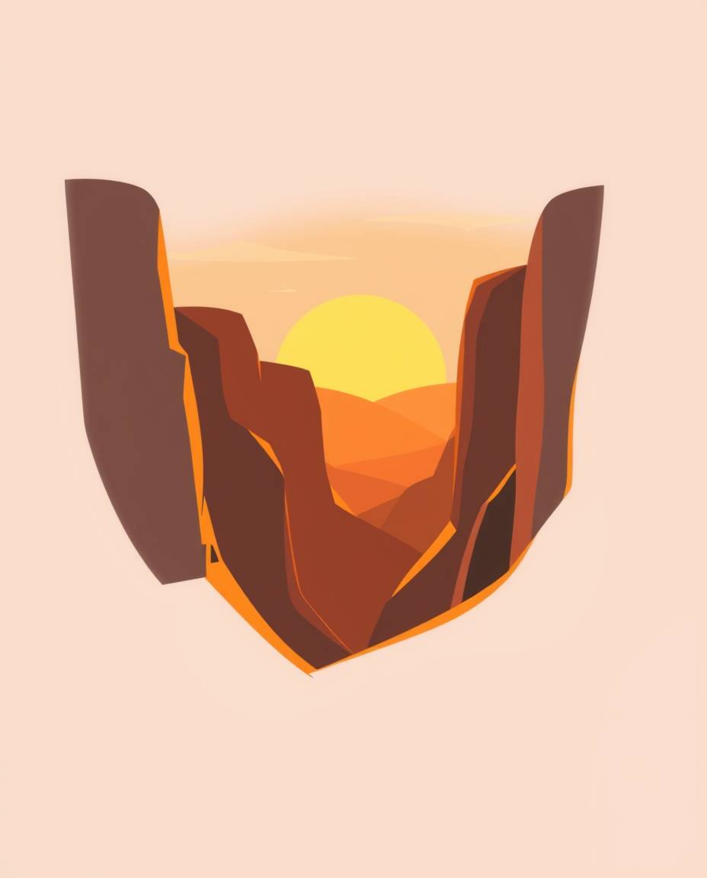 A modern flat design illustration depicts a sunset illuminating sandstone cliffs in a canyon. The artwork is characterized by