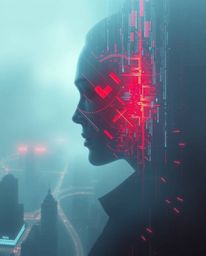 Explore a mesmerizing digital painting showcasing an epic scale futuristic city shrouded in thick fog, illuminated by lens gl