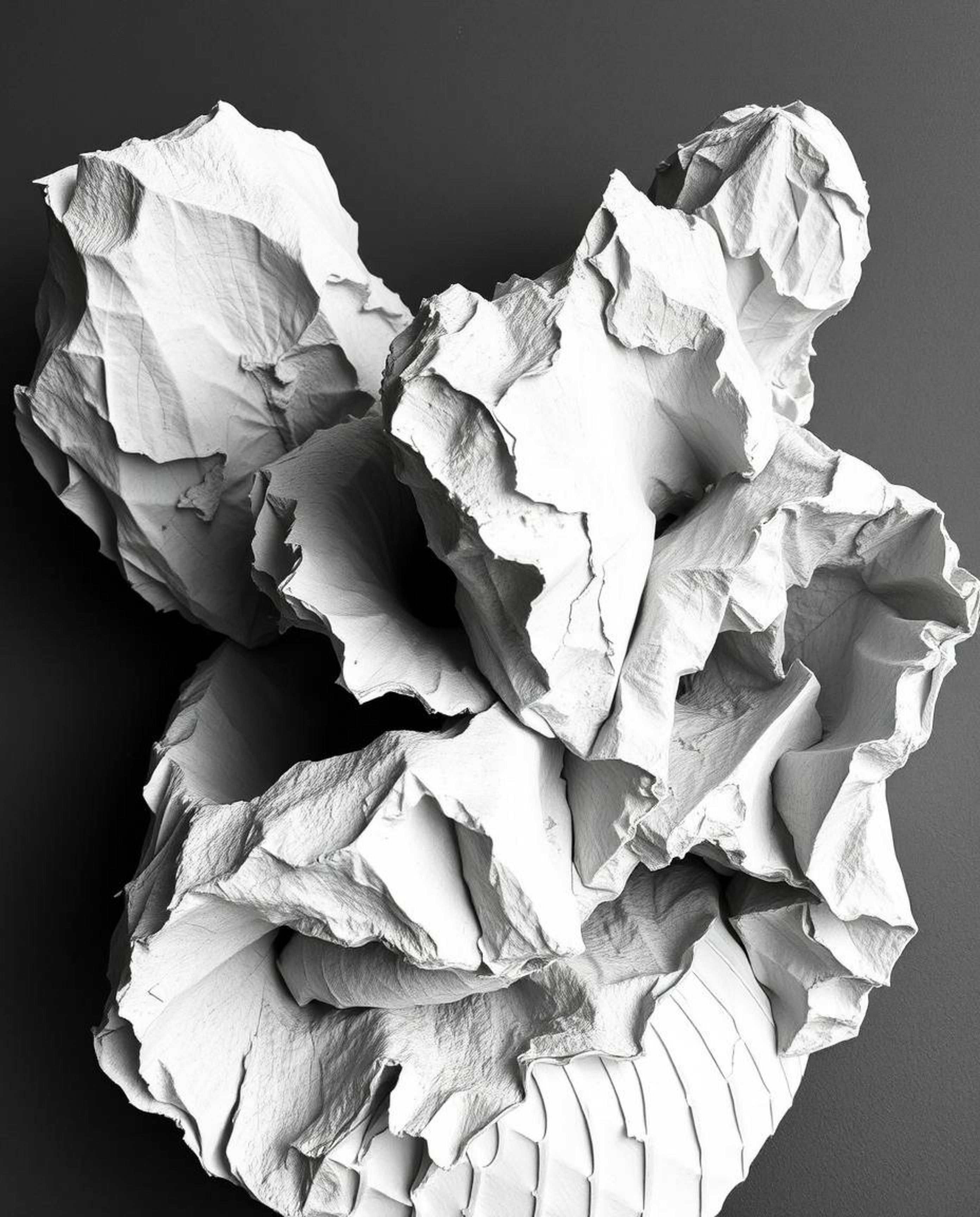A classic black and white image showcases sculpted, textured layers of papier-mâché forming abstract shapes, enhanced by glit