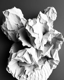 A classic black and white image showcases sculpted, textured layers of papier-mâché forming abstract shapes, enhanced by glit