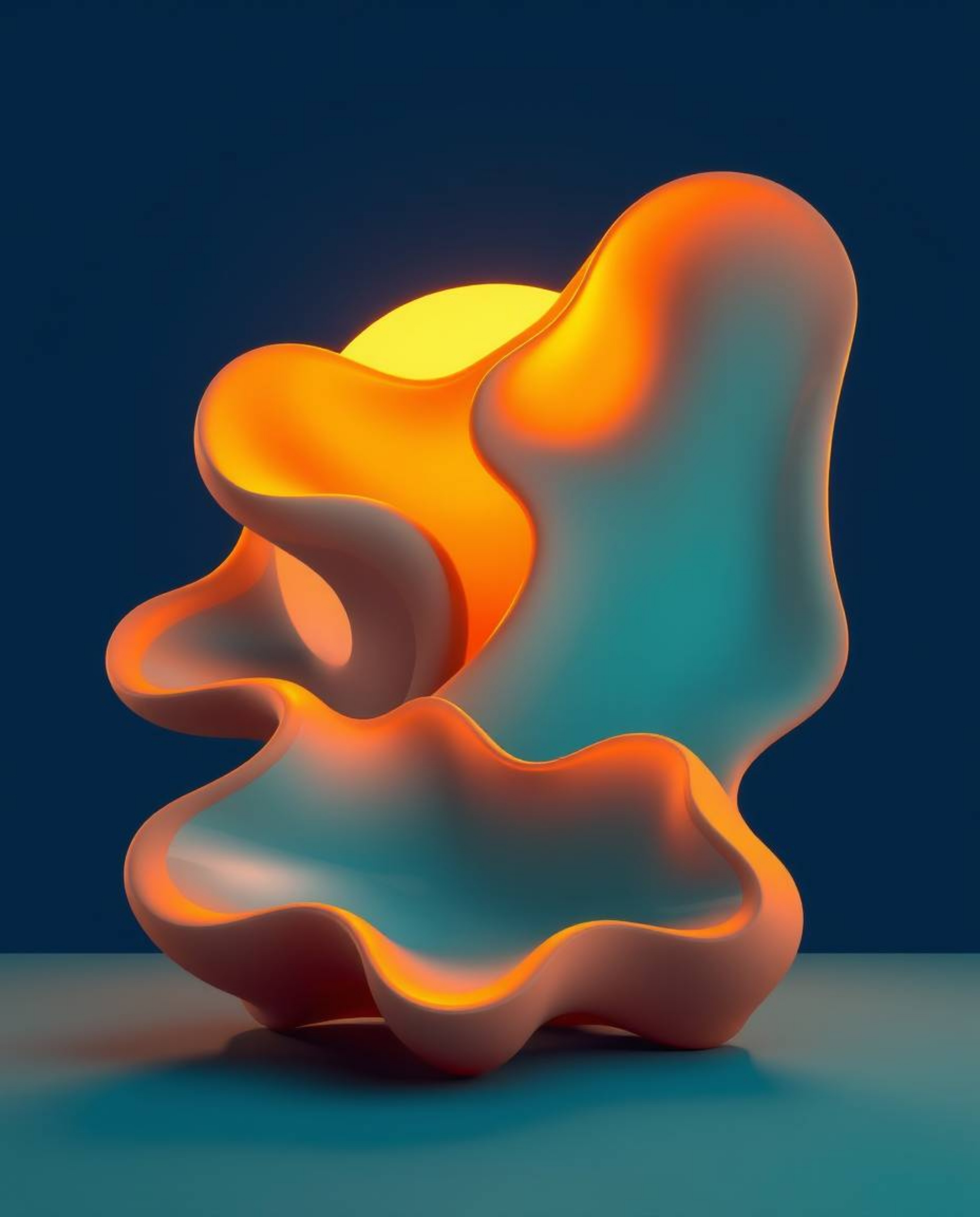 Warm golden hour light gently illuminates futuristic 3D fluid shapes, their edges aglow against a deep blue background. The e