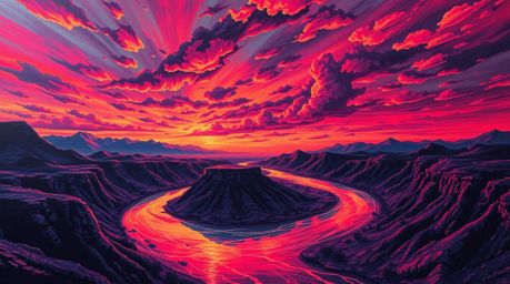 A captivating surreal acrylic painting showcases a winding river glowing intensely in infrared tones beneath a dramatic, stor