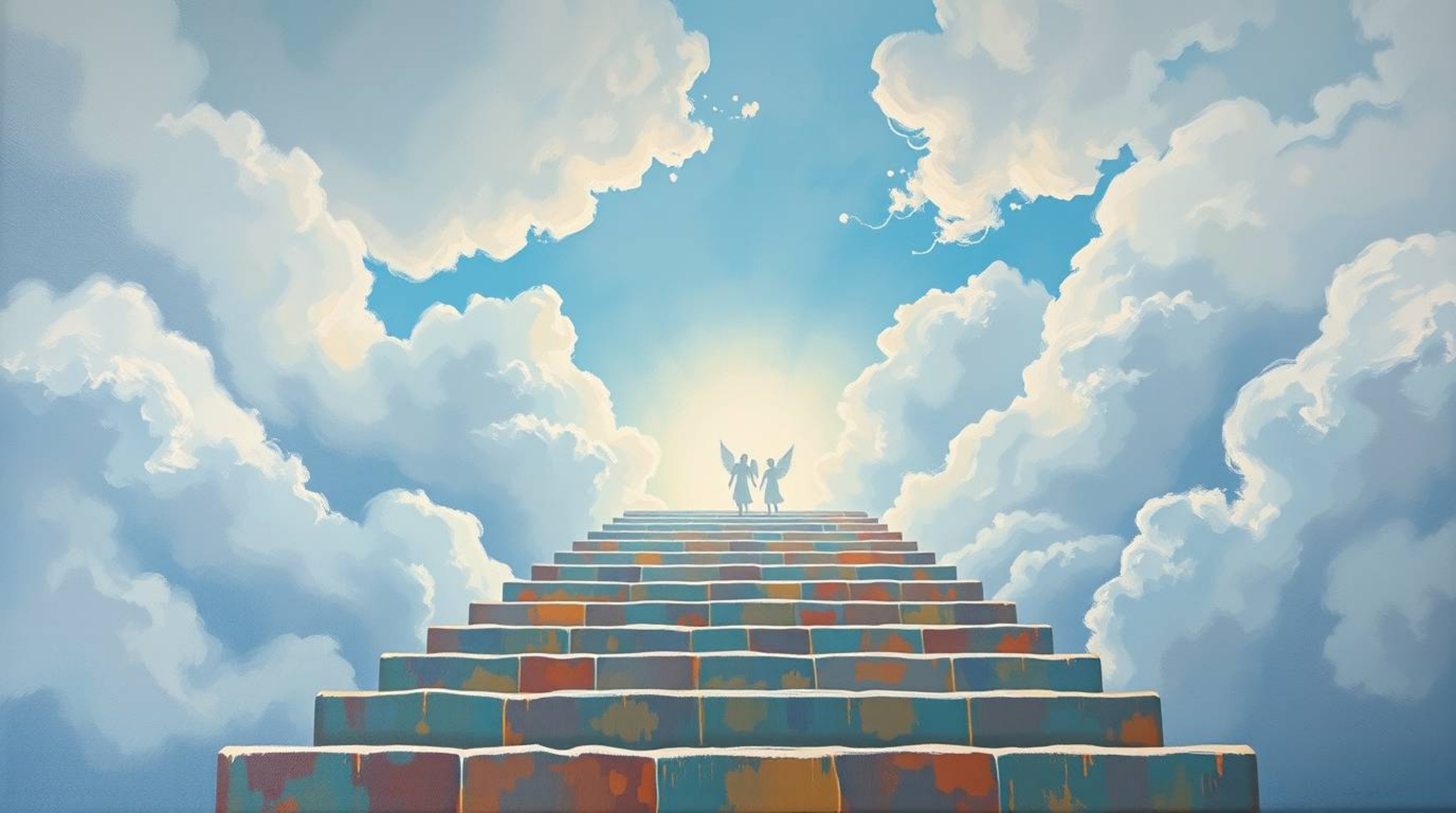 Experience a dreamlike and peaceful ascension with this bold acrylic painting. A tight close-up reveals steps of light ascend