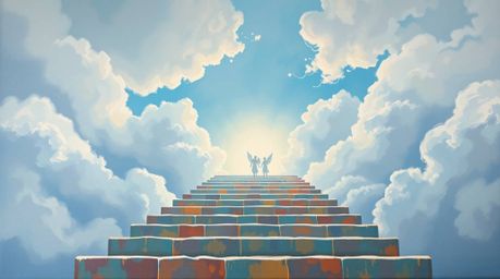 Experience a dreamlike and peaceful ascension with this bold acrylic painting. A tight close-up reveals steps of light ascend