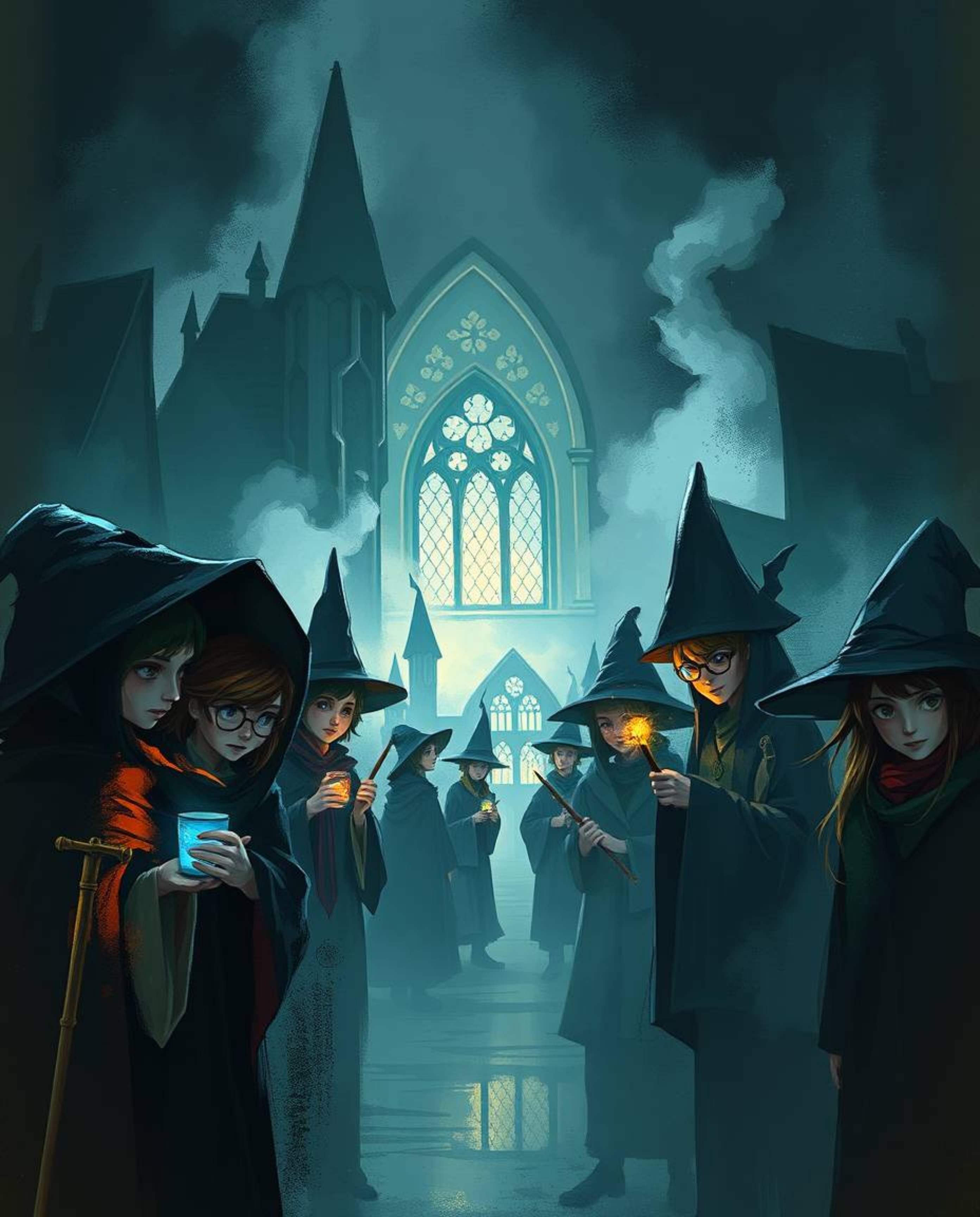 A dynamic digital sketch depicts a magical school teeming with young wizards, rendered with loose, painterly strokes and chia