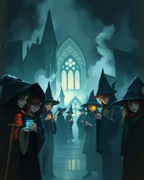 A dynamic digital sketch depicts a magical school teeming with young wizards, rendered with loose, painterly strokes and chia