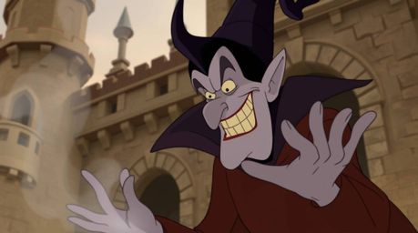 A classic Disney villain with a cruel smile is captured casting a spell within the aged walls of an old castle. Rendered in n