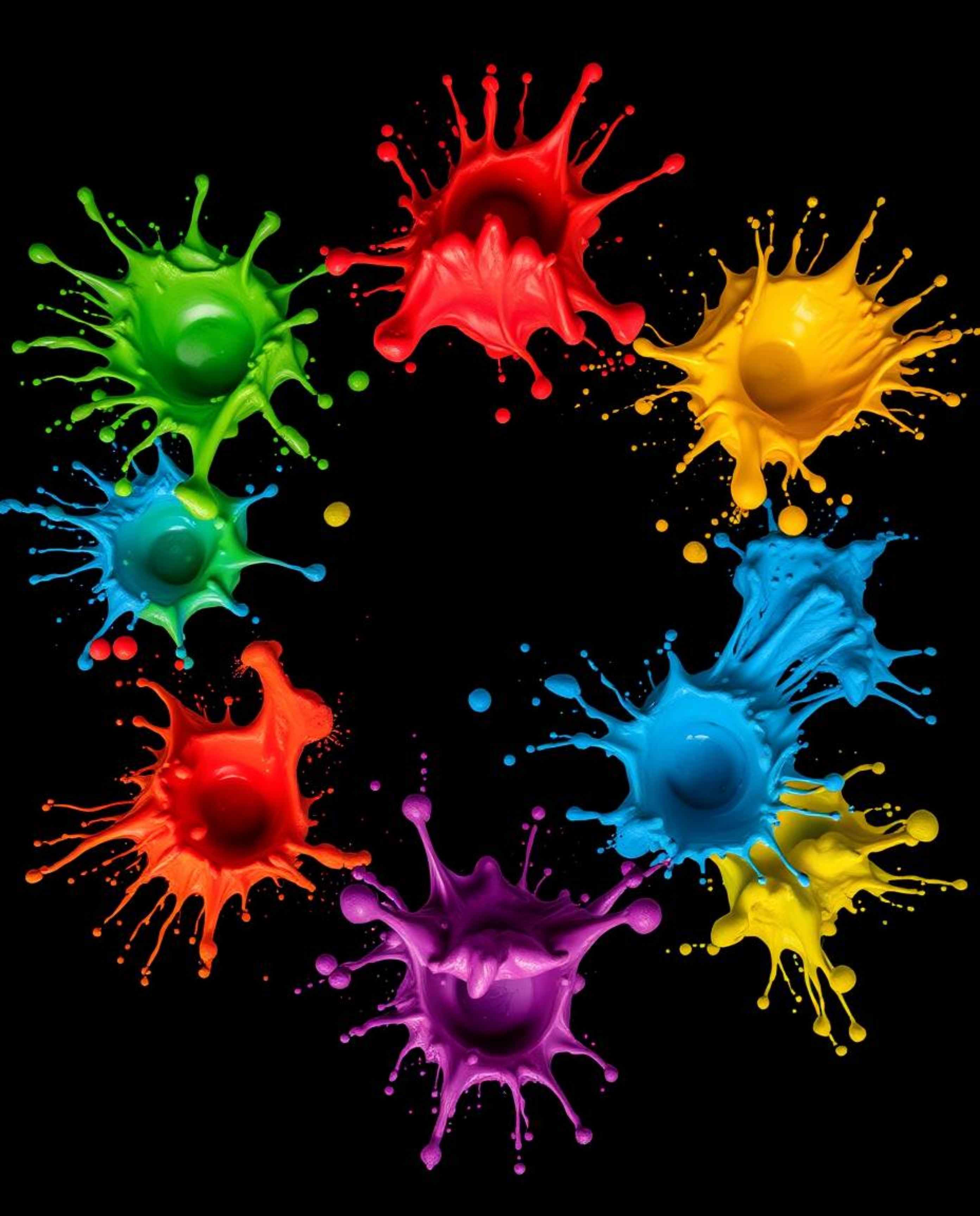 This photograph captures an overhead bird's eye view, freezing a moment in time with dynamic, colorful splashes against a sta