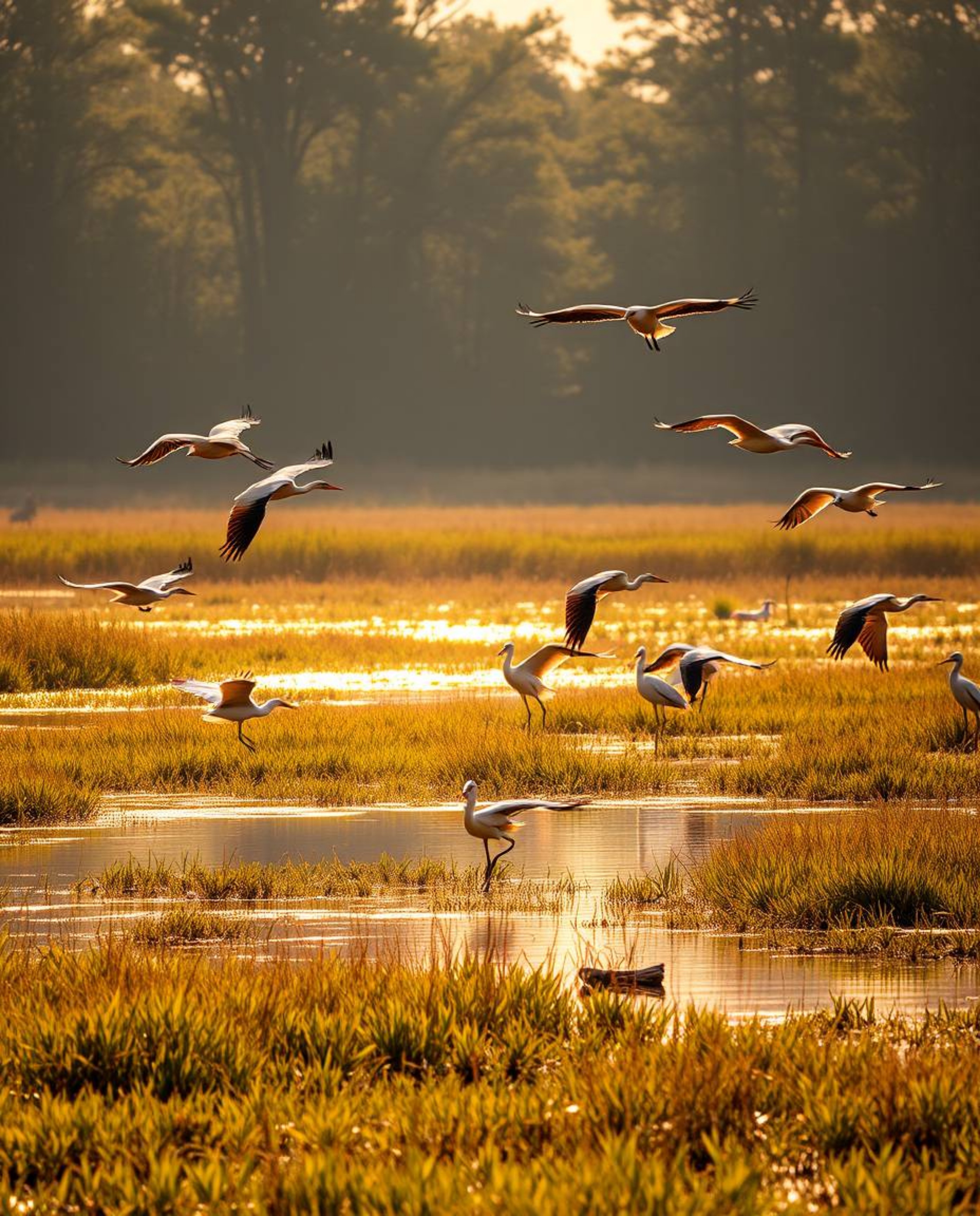 A scene of golden hour light in the wetlands with herons in flight. This image is characterized by its bright, vibrant colors