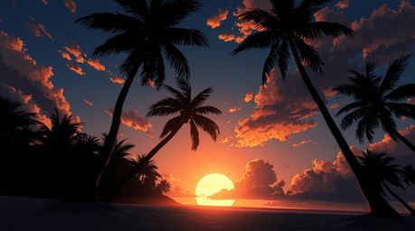 A captivating Isekai-inspired illustration showcases a dramatic, low-key lit tropical beach sunset.  Palm trees sway expressi
