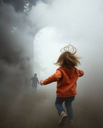A captivating scene unfolds as a child with windblown hair stumbles upon a magical portal hidden in their backyard, shrouded