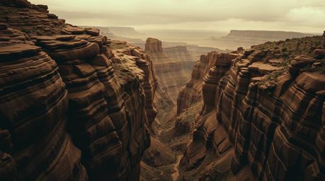 Discover a stunning fine art photograph of a rocky canyon bathed in warm, slightly dark, soft hues.  Styled in the manner of 