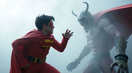 A vibrant superhero with a cape engages in a comical battle against a silly villain amidst thick fog, creating an energetic a