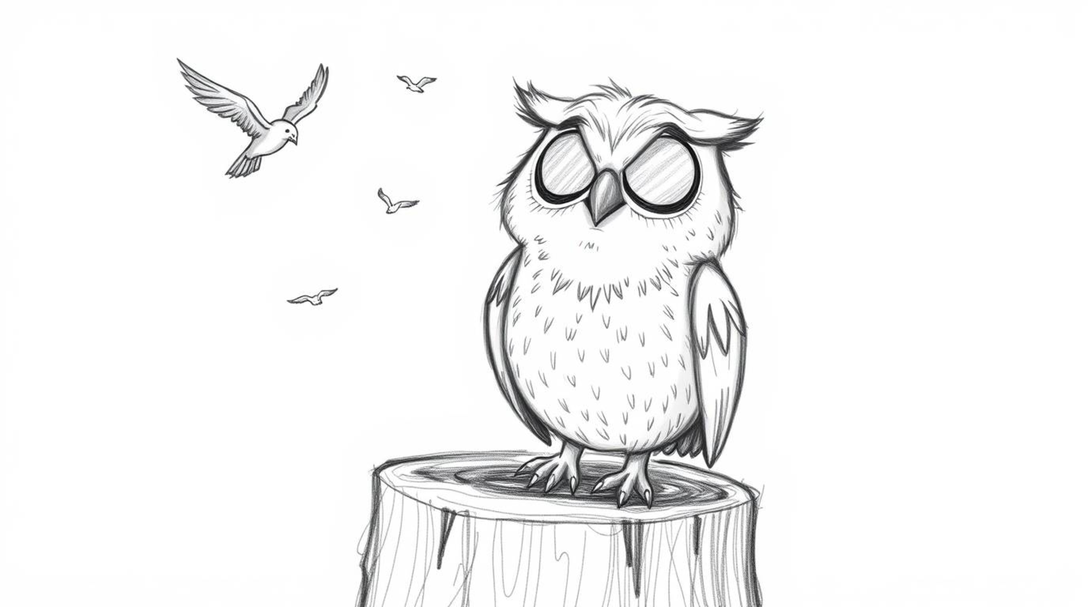 A heartwarming Pixar-style, hand-drawn sketch depicts a blind owl with softly textured pencil strokes, joyfully perched on a 