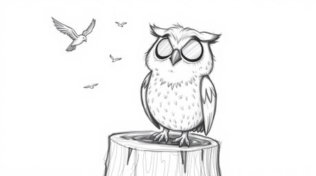 A heartwarming Pixar-style, hand-drawn sketch depicts a blind owl with softly textured pencil strokes, joyfully perched on a 