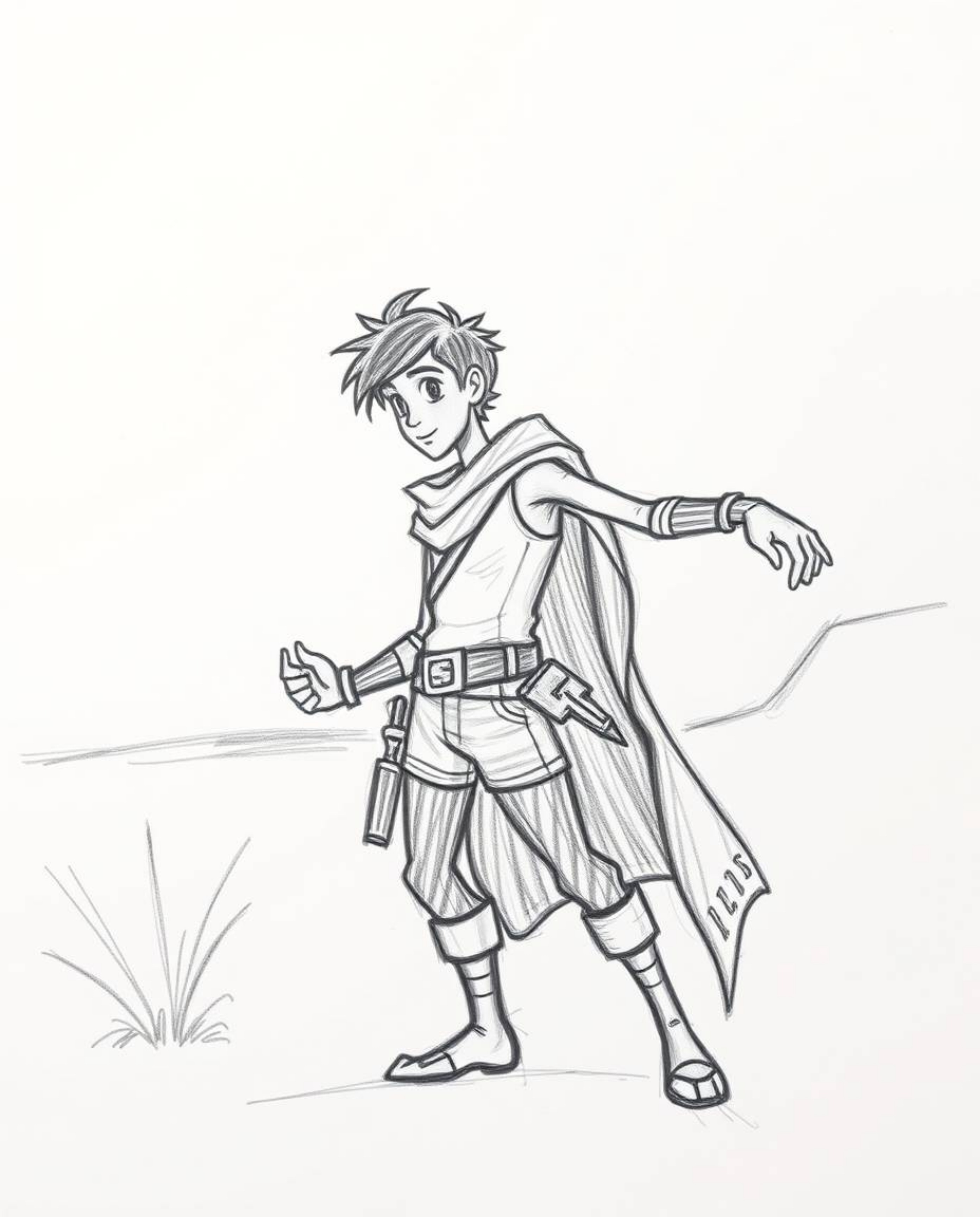 A captivating hand-drawn sketch depicts a brave hero embarking on a Disney-style desert adventure.  Silhouetted against a bac