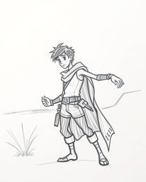 A captivating hand-drawn sketch depicts a brave hero embarking on a Disney-style desert adventure.  Silhouetted against a bac