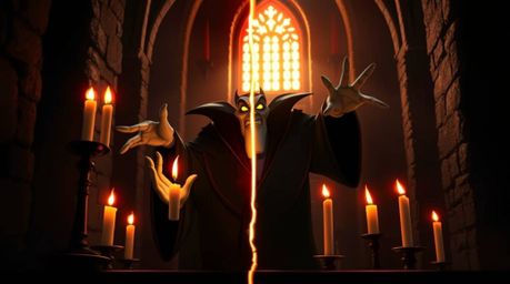 A classic Disney villain casts a powerful spell within the ancient walls of an old castle, bathed in the warm, flickering glo