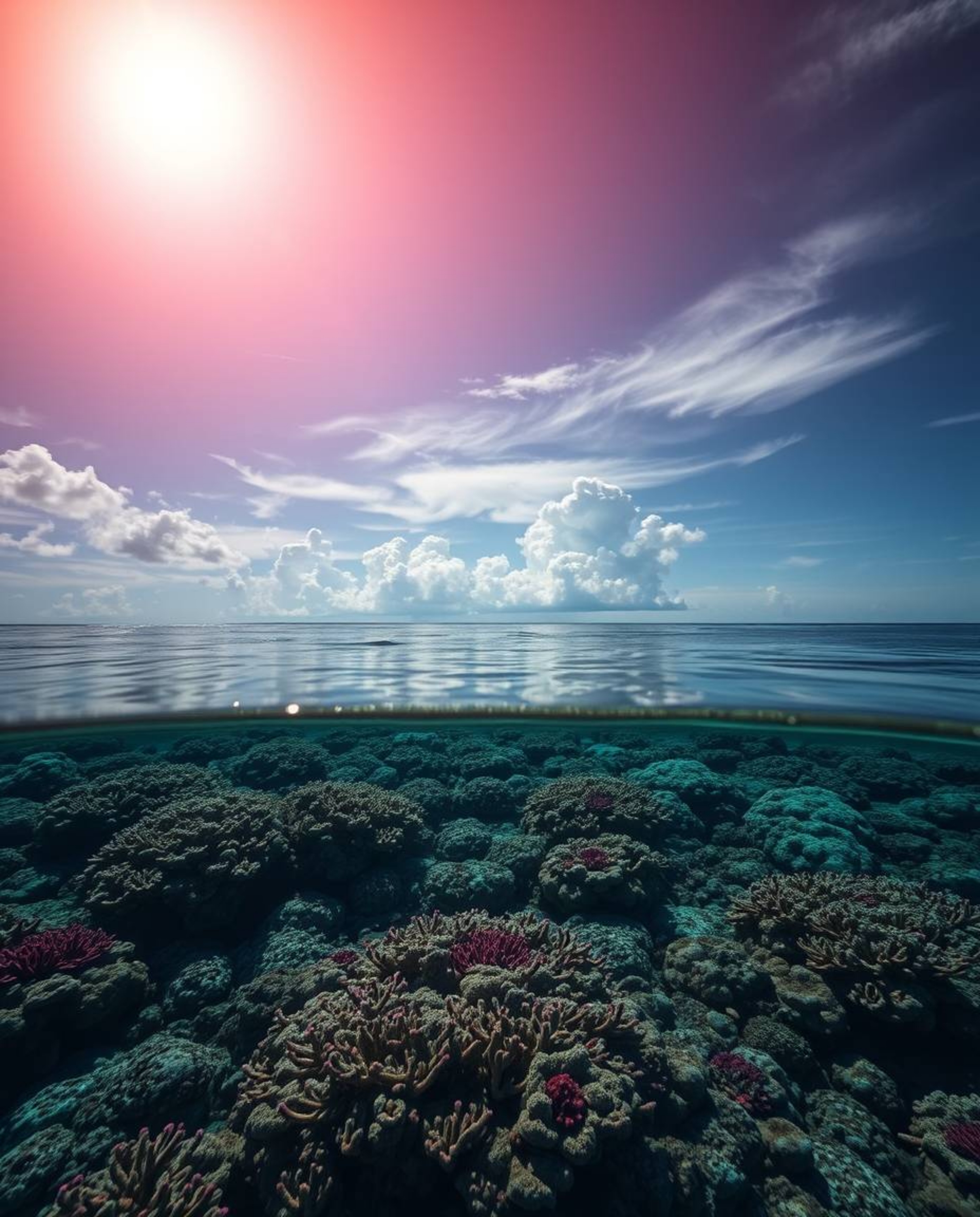 A strong hard light illuminates a colorful sky over a coral reef at low tide, casting direct and harsh shadows across the lan