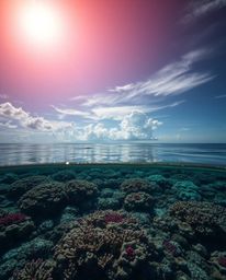 A strong hard light illuminates a colorful sky over a coral reef at low tide, casting direct and harsh shadows across the lan