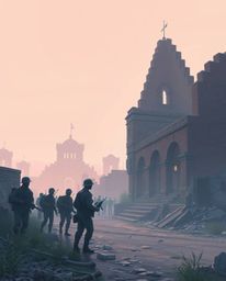 Explore a surreal battlefield scene rendered in soft pastel colors, depicting time-warped soldiers amidst crumbling buildings
