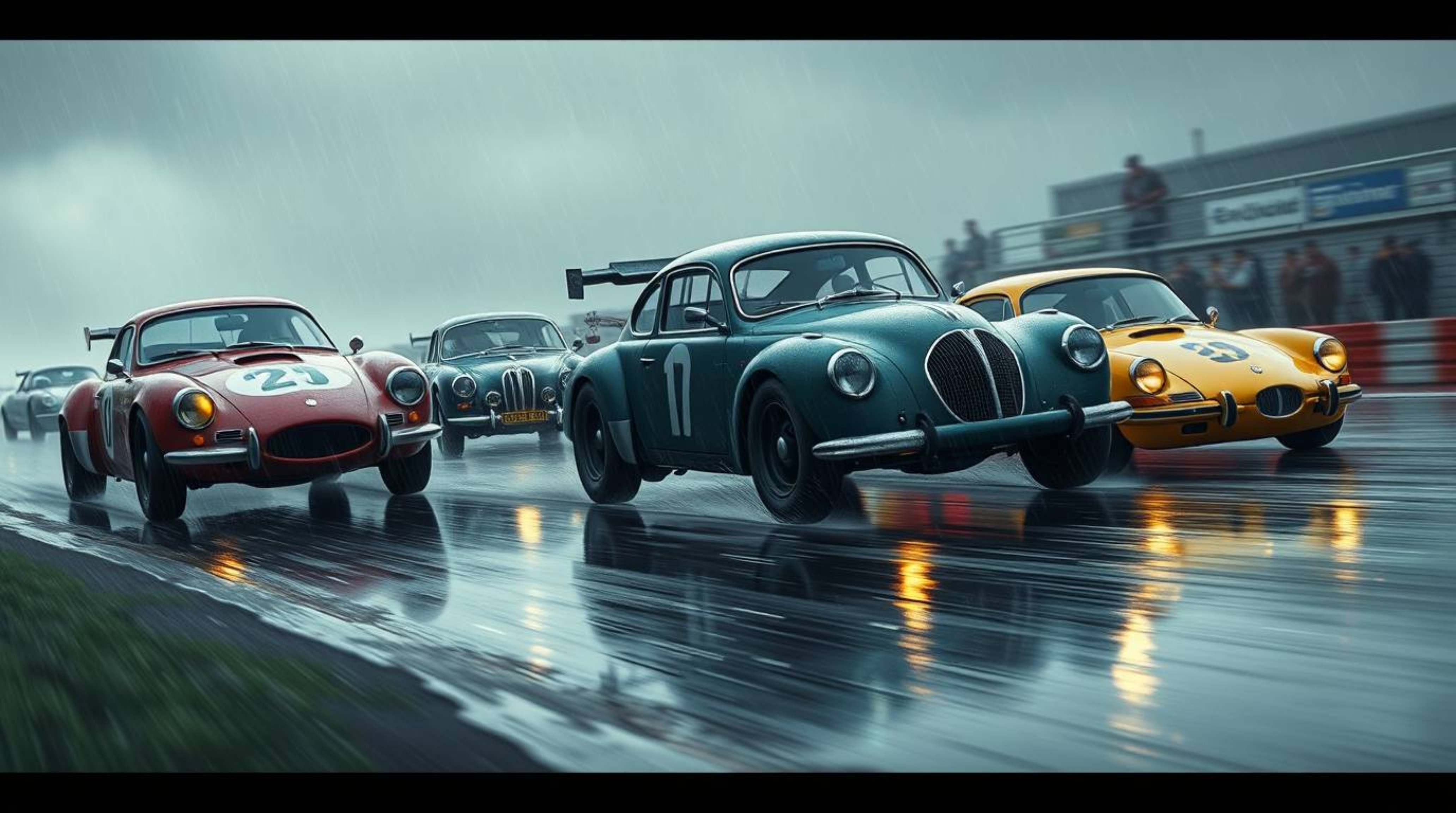 Experience an elegant and graceful depiction of a wacky racing scene featuring outlandish cars battling it out in a wet, rain