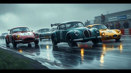 Experience an elegant and graceful depiction of a wacky racing scene featuring outlandish cars battling it out in a wet, rain