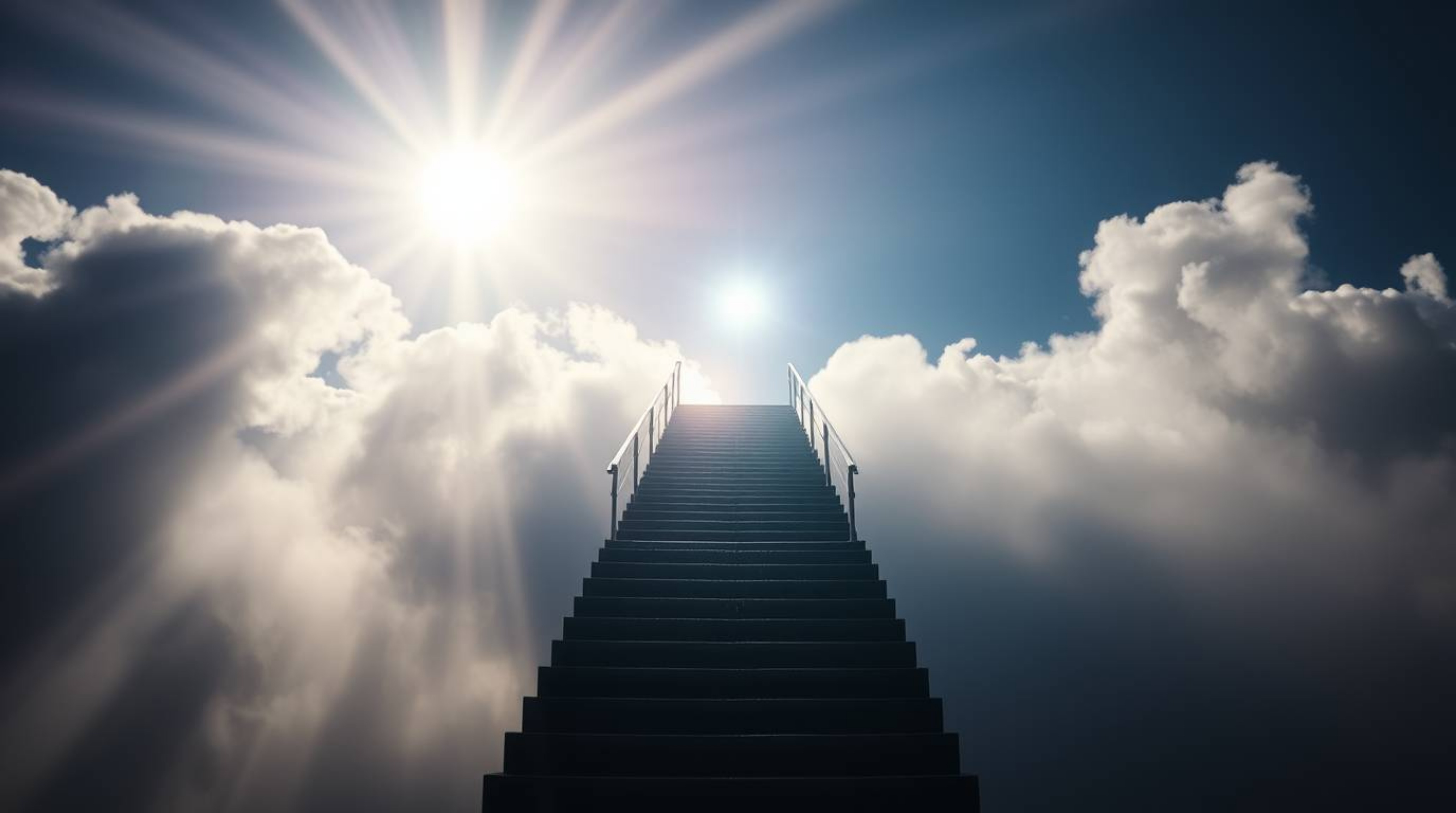 A captivating image depicting a surreal, backlit stairway winding through smoky clouds towards a radiant celestial light. Thi