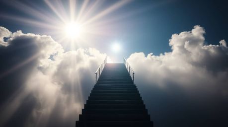 A captivating image depicting a surreal, backlit stairway winding through smoky clouds towards a radiant celestial light. Thi