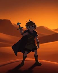Embark on a thrilling desert adventure with a brave Disney-esque hero!  Experience stunning visuals featuring chiaroscuro lig