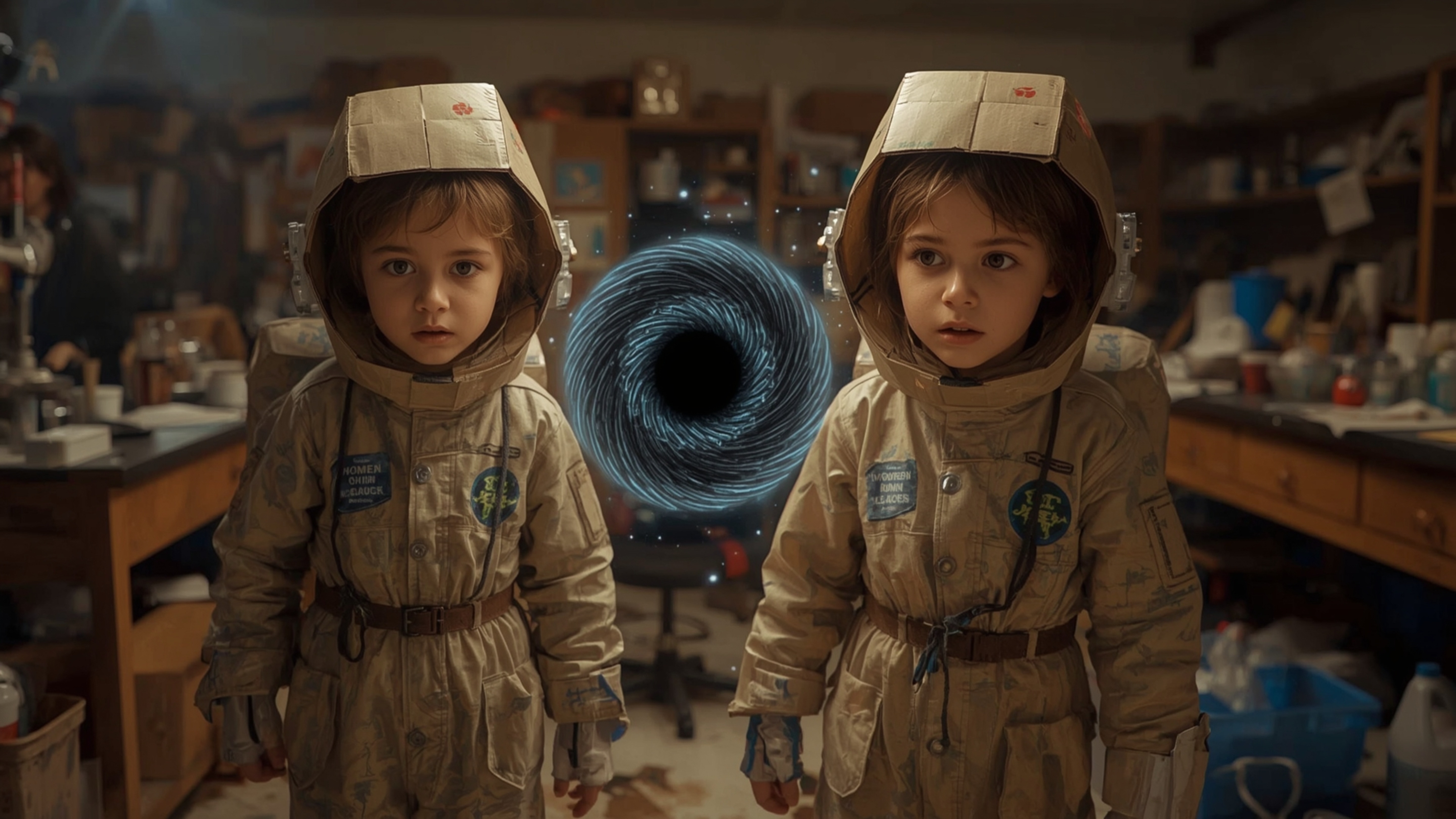 A highly detailed, cinematic photograph in the style of Pixar captures a science fair duo in a cluttered, makeshift laborator