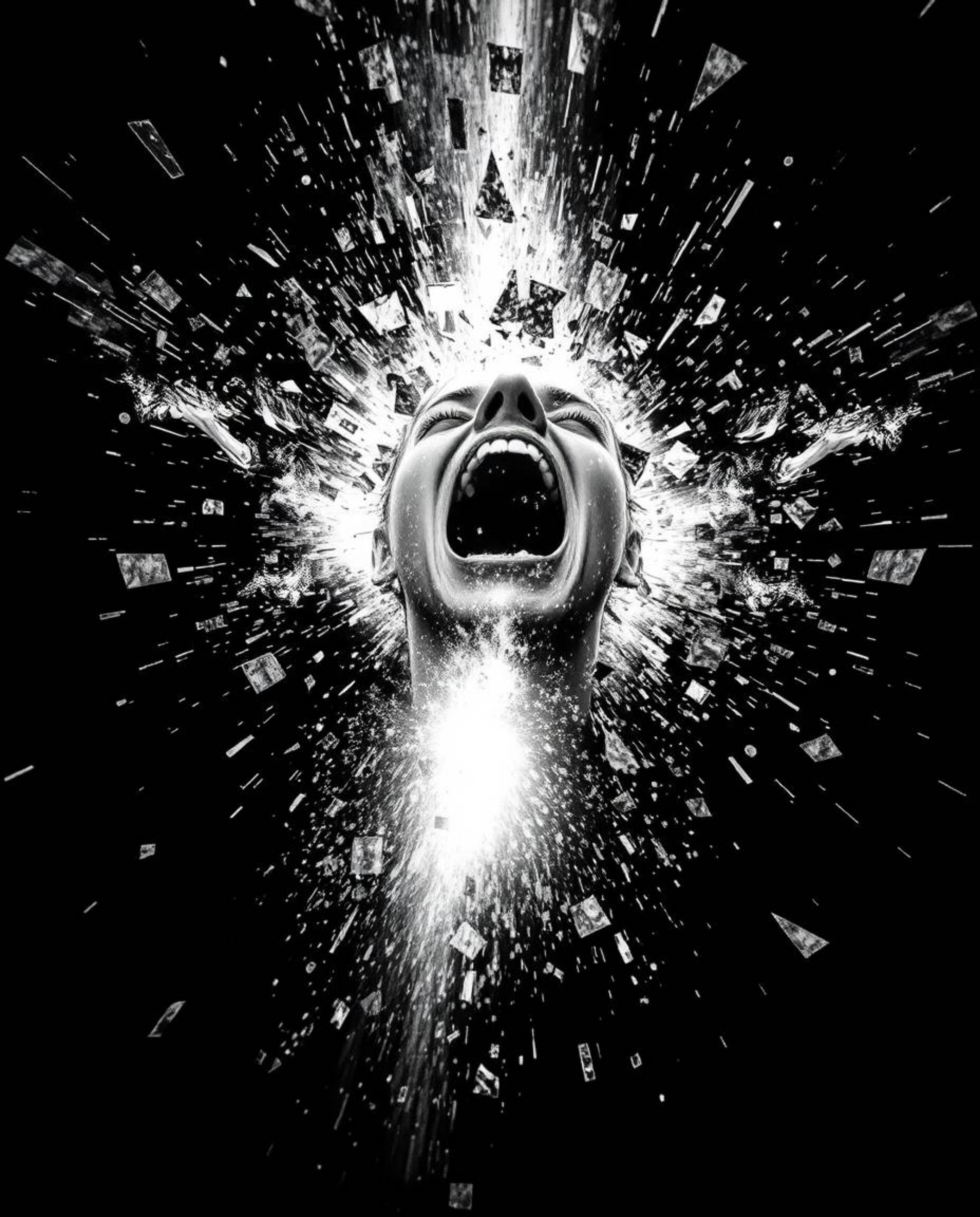 A striking visual portrays a person screaming as their reality dissolves into pixels in a classic black and white style, imbu
