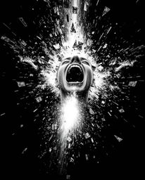 A striking visual portrays a person screaming as their reality dissolves into pixels in a classic black and white style, imbu