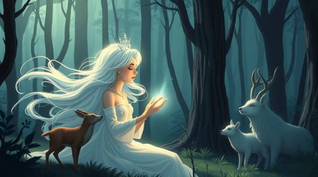 A silver-haired princess, radiating a gentle light, enchants forest animals with her song in a vintage 2D animation infused w