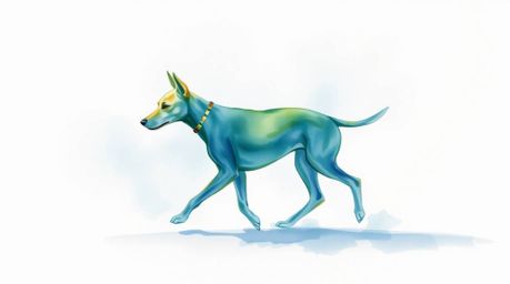 A delicate watercolor painting featuring translucent washes and fluid brushstrokes depicts a futuristic dog walking itself in