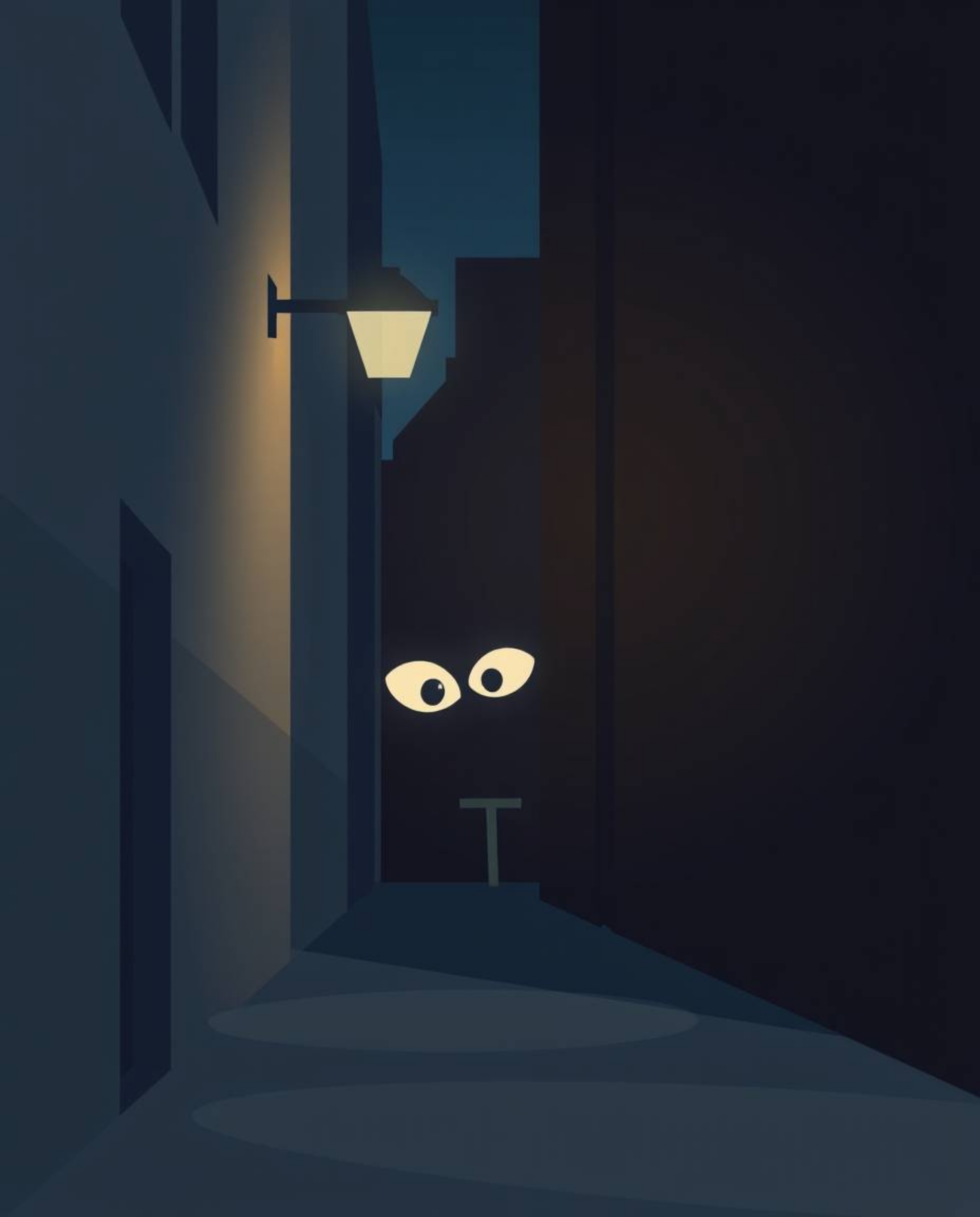 A modern flat design illustration depicting eyes watching from the shadows of an alley at night. The artwork utilizes simple 