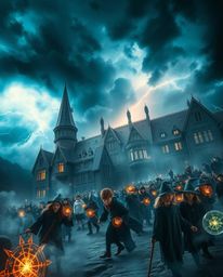 An epic and grand scene unfolds at a magical school teeming with young wizards, all set against a dramatically stormy sky. Th