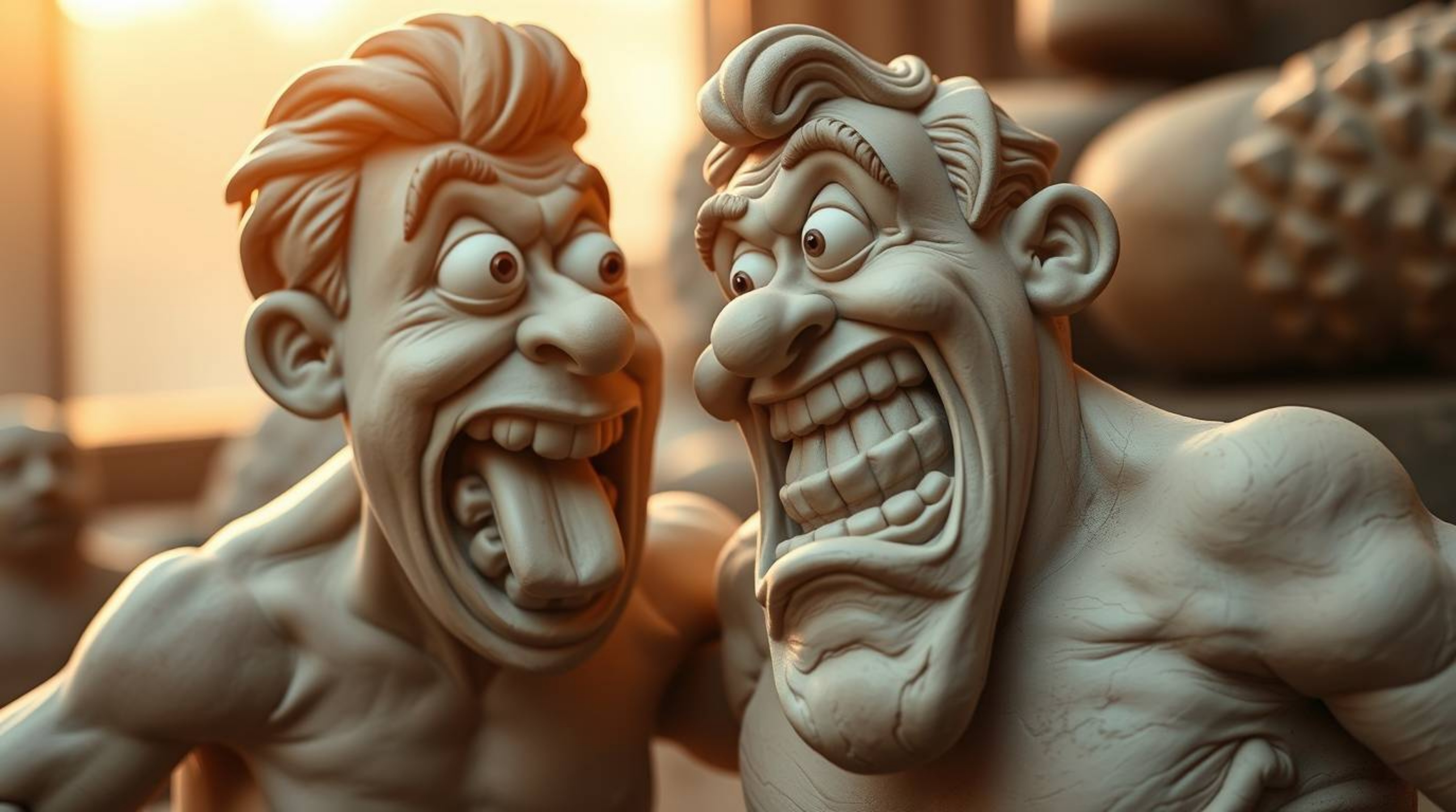 This sculptural clay artwork captures a hilariously grotesque comedy moment with incredibly exaggerated expressions. Bathed i