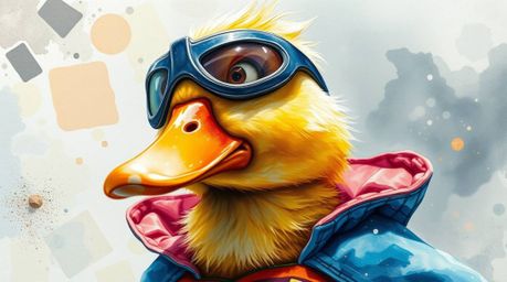 An extreme macro close-up watercolor painting featuring a superhero duck in a zany costume, showcases stunning detail with tr