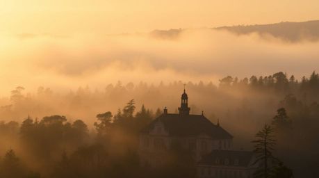 A collection of precise architectural color photographs showcasing mist rising from a forest during golden hour. These images