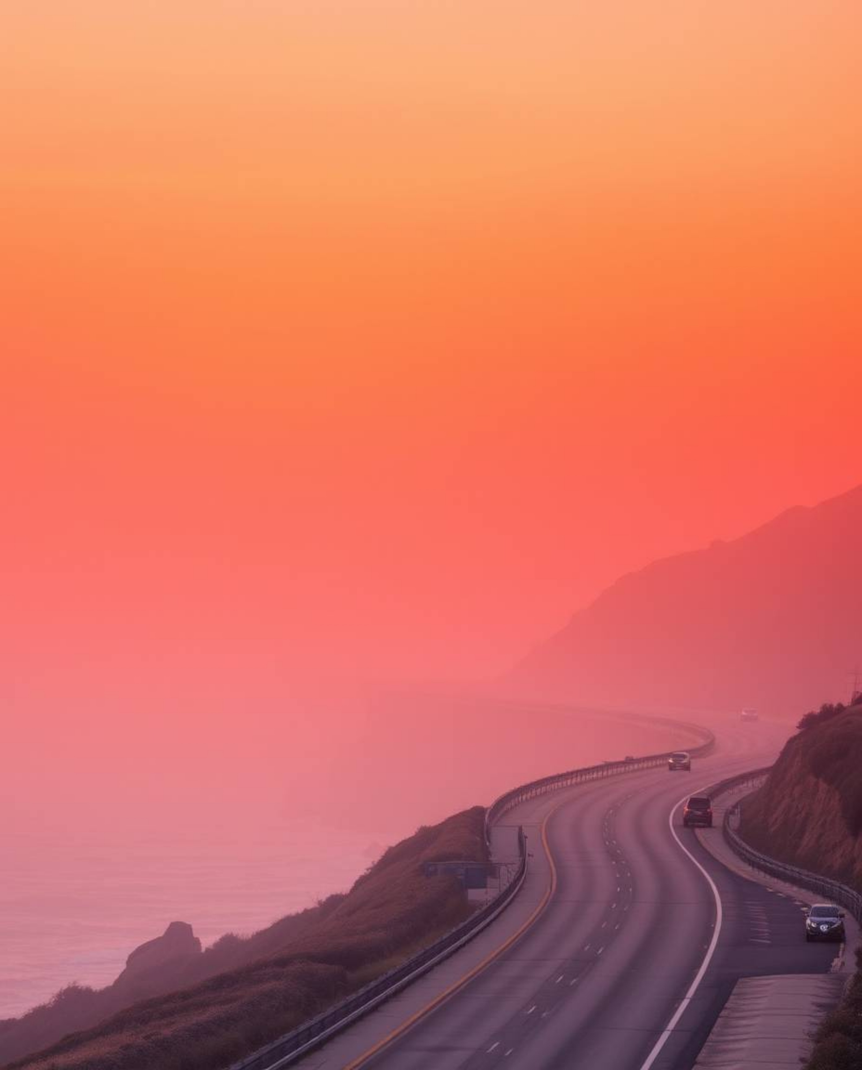This high-resolution stock photo depicts a hazy, soft-lit sunset sky over a winding coastal highway, imbued with surreal infr