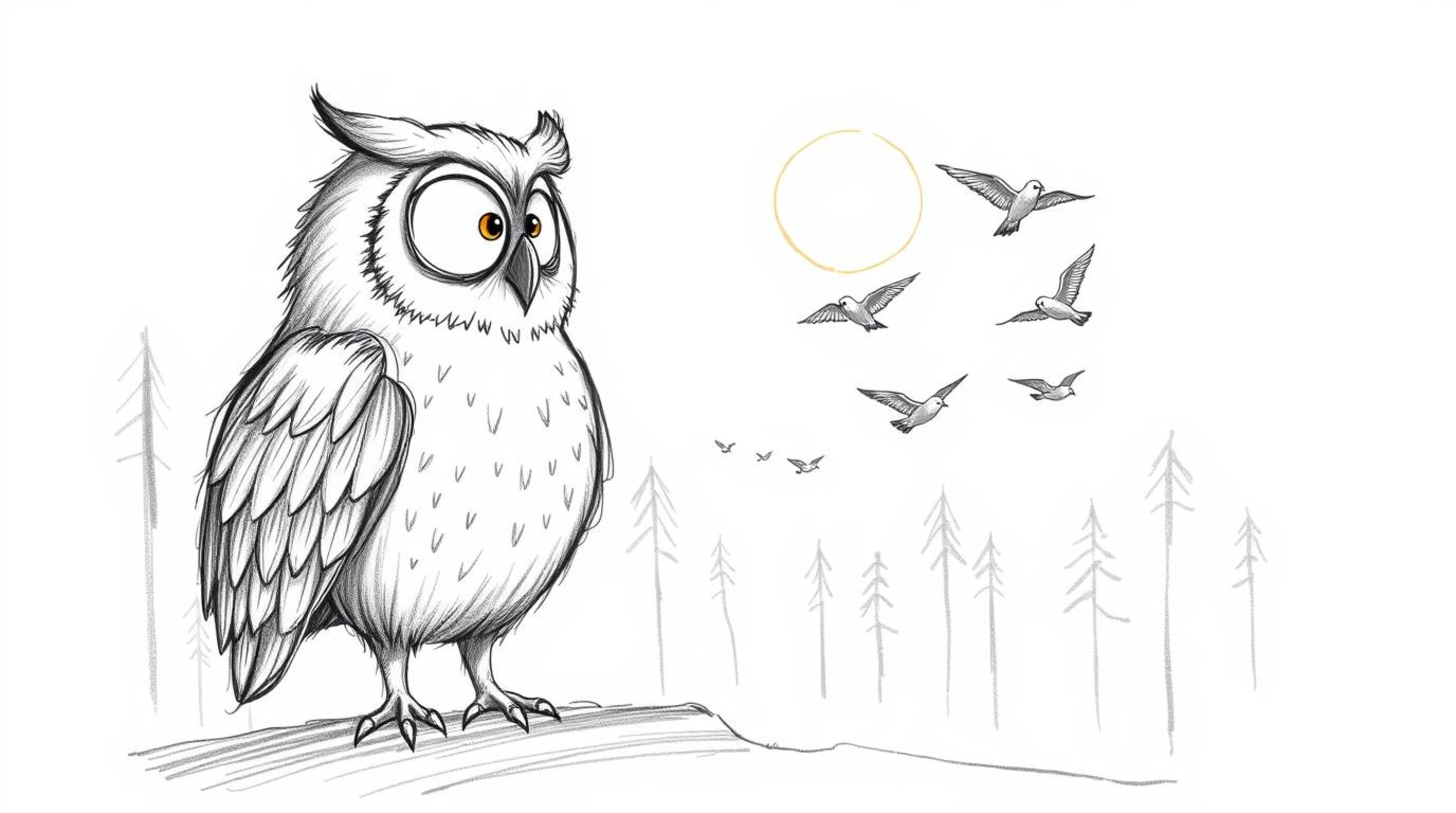 A whimsical hand-drawn sketch of a wise, blind owl guiding small birds in flight. Rendered in a Pixar style with textured pe