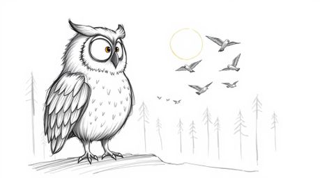 A whimsical hand-drawn sketch of a wise, blind owl guiding small birds in flight.  Rendered in a Pixar style with textured pe