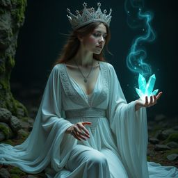 In the heart of a dark, damp cavern, a statuesque and mystical sorceress, radiating an ethereal presence, casts a spell. Ador