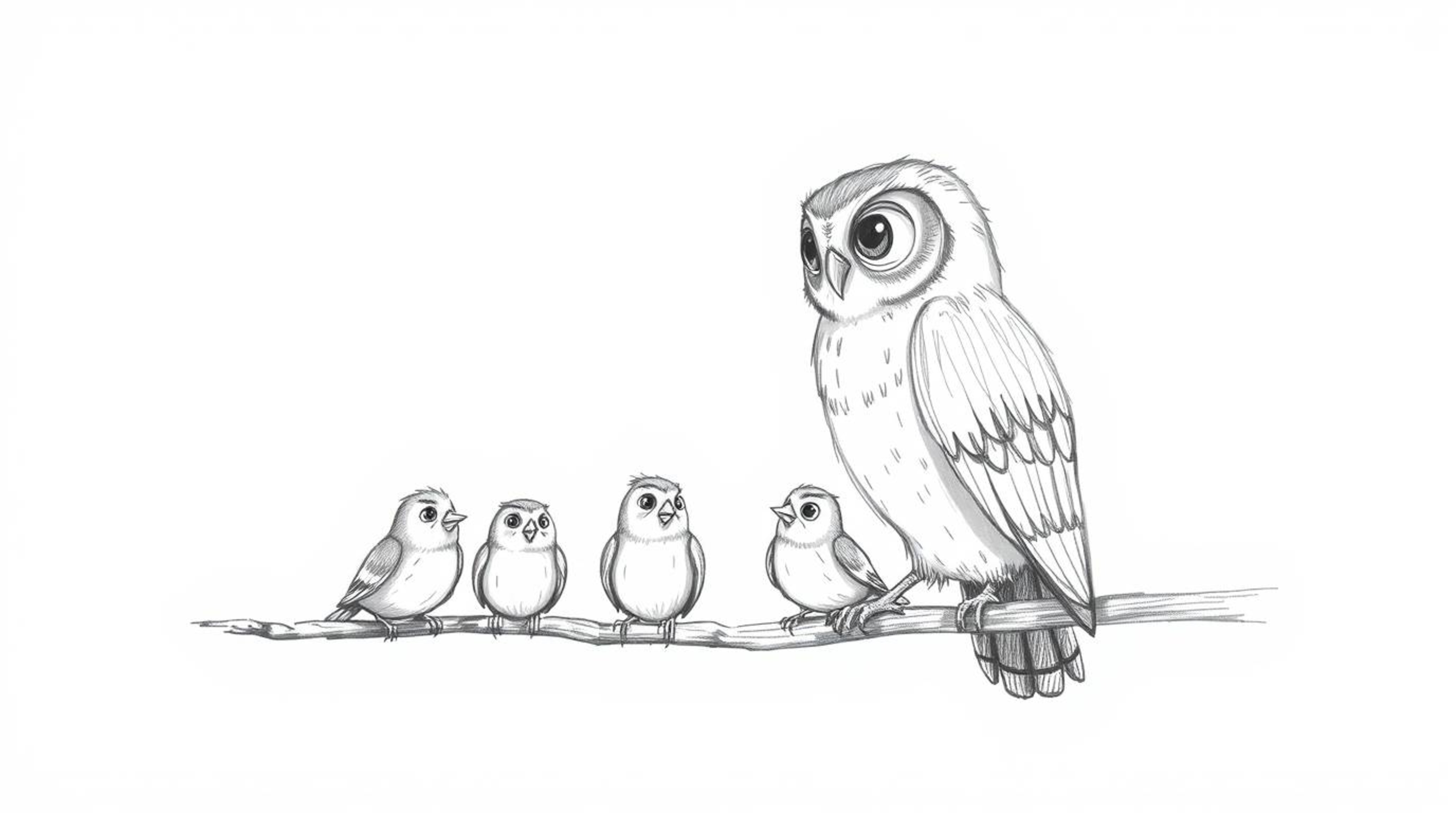A hand-drawn sketch capturing a heartwarming scene of a blind owl patiently guiding several small birds, reminiscent of Pixar