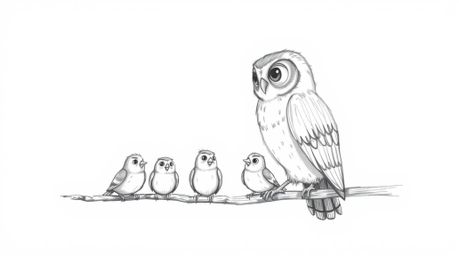 A hand-drawn sketch capturing a heartwarming scene of a blind owl patiently guiding several small birds, reminiscent of Pixar